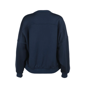 Back view of navy blue crewneck sweatshirt with ribbed hem and dropped shoulder details