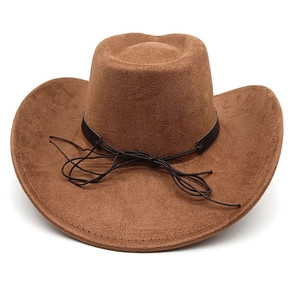 Close-up of brown suede western cowboy hat with decorative black leather band and cord