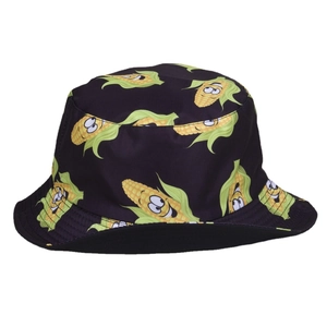 Black bucket hat with cute cartoon corn pattern for outdoor sun protection