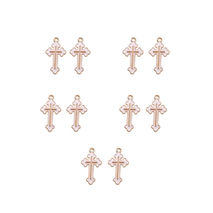 Detailed view of ten white enamel cross pendants with gold metal edges for DIY jewelry