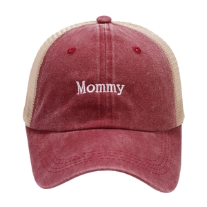 Red washed cotton baseball cap with Mommy embroidery and breathable beige mesh back