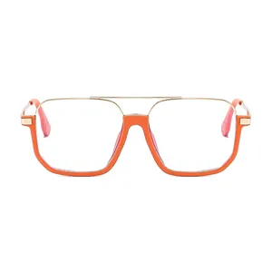 Stylish oversized square orange eyeglass frames with gold double bridge for fashion look