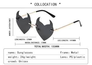 Detailed dimension guide for rimless little devil sunglasses with metal frame and PC lenses