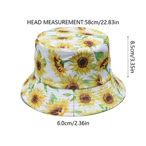 Detailed size guide for white bucket hat with sunflower print showing 58cm head measurement