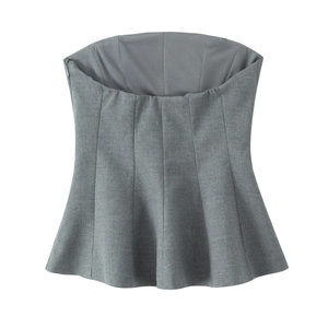 Top bustier gris chic à basque avec baleines de corset et fermeture éclair latérale