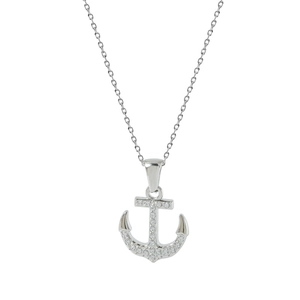 Titanium steel anchor pendant necklace with white cubic zirconia in vintage punk style
