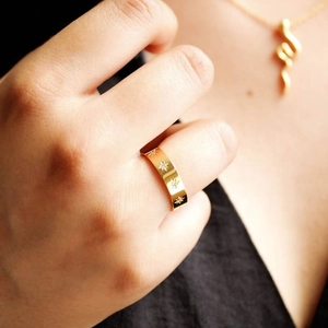 Fashion 18k gold plated stainless steel signet ring with North Star and CZ stone on finger