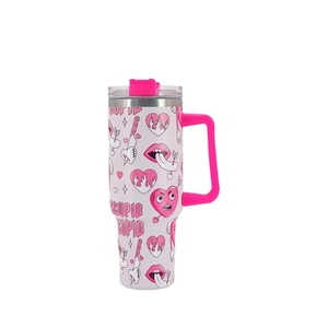 40oz stainless steel tumbler with handle and stupid cupid heart print