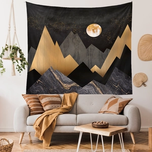 Detailed view of an abstract mountain landscape tapestry with golden moon and stars décor