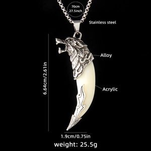 Collier avec pendentif dent de loup vintage, chaîne en acier et tête de loup en alliage