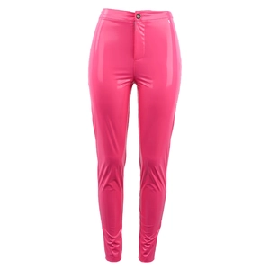 Pantalon slim en cuir verni rose fuchsia à taille haute avec finition miroir