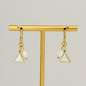Modern gold stainless steel hoop earrings with baroque pearl and triangle shell pendants