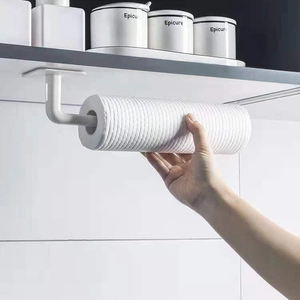 L-shaped kitchen paper towel holder mounted under cabinet for easy storage