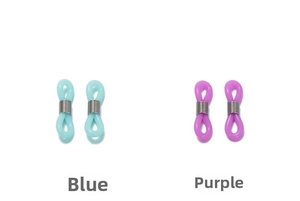 Close-up of blue and purple silicone anti-slip glasses chain connectors with metal coils