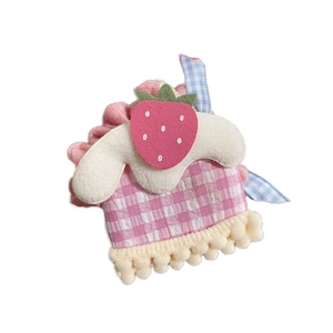 Pink plaid strawberry hair clip with plush ears and cream lace trim on white background