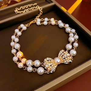 Vintage Copper Alloy Necklace With Rhinestone Bowknot Heart And Imitation Artificial Pearls Luxury Palace Style Jewelry For Women