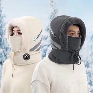 Winter Integrated Hat Mask Neck Warmer Windproof Thermal Fleece Lined Faux Fur Trim Skiing Cycling Cap Men Women