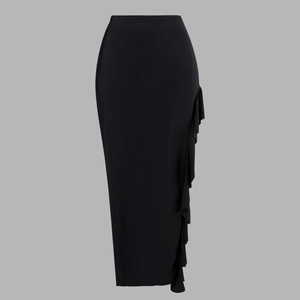 Detail view of the elegant black midi skirt featuring ruffled side trim and slim silhouette