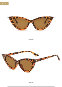 Detailed front and 45-degree side views of leopard print cat eye sunglasses with brown lenses