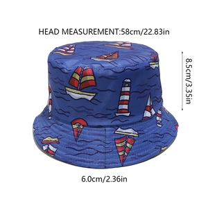 Detail showing dimensions 58cm head circumference for the nautical sailboat bucket hat