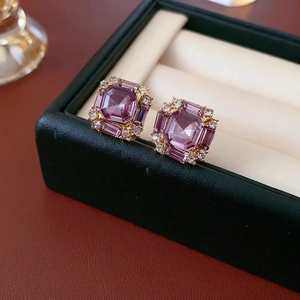 Elegant square purple gemstone stud earrings with sparkling white zircon halo detail