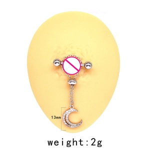 Silver stainless steel nipple ring featuring a diamond-set moon pendant for body piercing