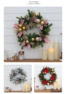 Three Christmas wreaths with bows, pine cones and ornaments on a white wooden wall
