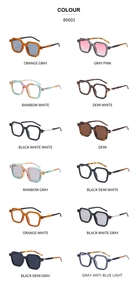 Matrix view of model 86601 square frame sunglasses in twelve different color options