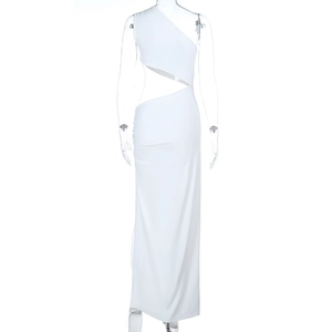 Close-up of white one-shoulder cutout dress showing high-elasticity knitted fabric