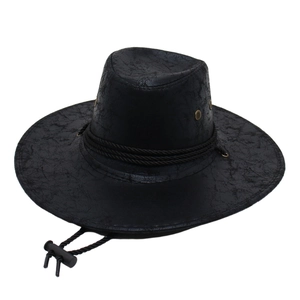 Classic black cowboy hat with cracked leather texture and adjustable wind rope