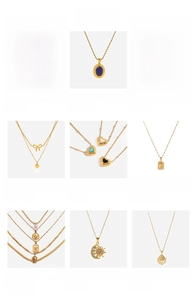 Collage of fashion necklaces featuring 18K gold-plated stainless steel pendants and bows