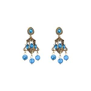 Vintage gold chandelier earrings with sky blue resin teardrop and bohemian beads