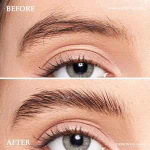 Before and after comparison of clear eyebrow gel for styling and shaping brows