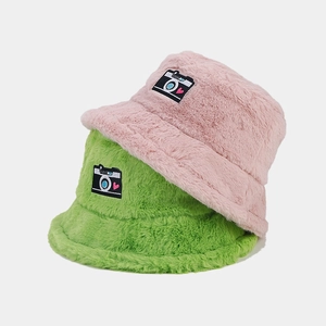 Winter heart camera patch plush bucket hats in pink and green soft faux fur fabric