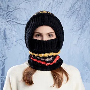 Winter knitted balaclava hooded scarf with thermal fleece lining and striped patterns