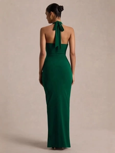 Sexy backless halter neck slim fit dark green evening maxi dress with bow tie detail