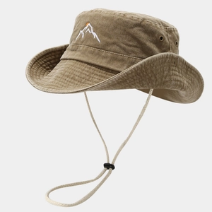 Washed cotton outdoor sun hat with mountain embroidery and adjustable windproof strap