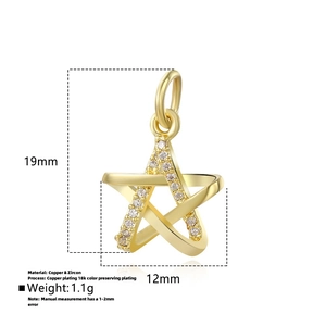 Detail of 19mm copper star pendant with 18k gold plating and zircon inlay for DIY jewelry