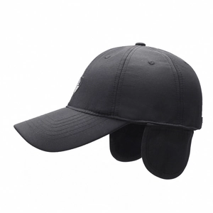 Winter men's baseball cap with ear flaps in black, windproof and thermal outdoor hat