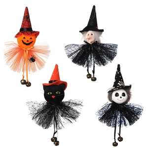 Halloween hanging ornaments set featuring pumpkin, witch, black cat and skull with bells