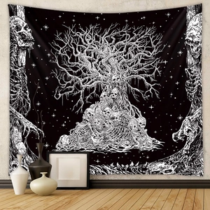 Black and white Life Tree tapestry with gothic skull and skeletal roots for room decor