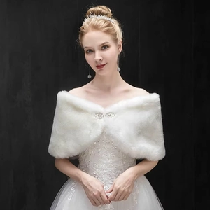 Elegant white faux fur bridal shawl wrap with decorative buckle for wedding evening dress