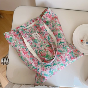 Rose Pink Floral Shoulder Bag Cotton Canvas Tote Handbag Fresh Sweet Pastoral Print Daily Use Shopping