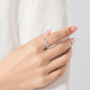 Elegant s925 sterling silver crown ring with sparkling pave stones shown on model hand