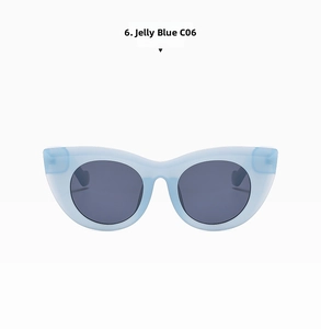 Detailansicht der Jelly Blue Cat-Eye-Sonnenbrille mit transparentem Rahmen und grauen Gläsern
