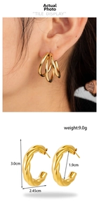 Detailed view of 18K gold-plated C-shaped twist knot earrings with precise measurements