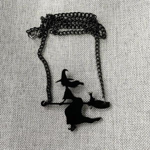 Gothic black witch on broomstick with cat silhouette pendant necklace for Halloween