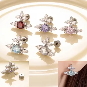 Cross Saturn Cubic Zirconia Ear Stud Titanium Steel Jewelry With Stainless Steel Earring Post Flat Back Screw Piercing