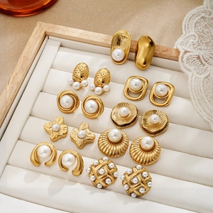 18K Gold Plated Stainless Steel Faux Artificial Pearl Stud Earrings French Vintage Elegant Geometric Jewelry For Women