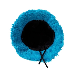 Blue faux fur bucket hat with warm plush material and adjustable black inner lining